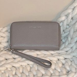 Michael Kors large smartphone wallet wristlet in taupe with silver hardware